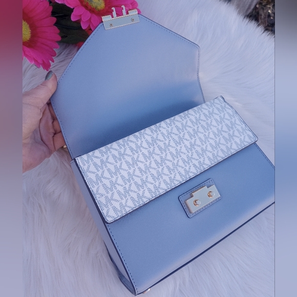 Michael Kors Navy Blue Color Block Logo Sloan Medium Top Handle Satchel - Picture 12 of 16